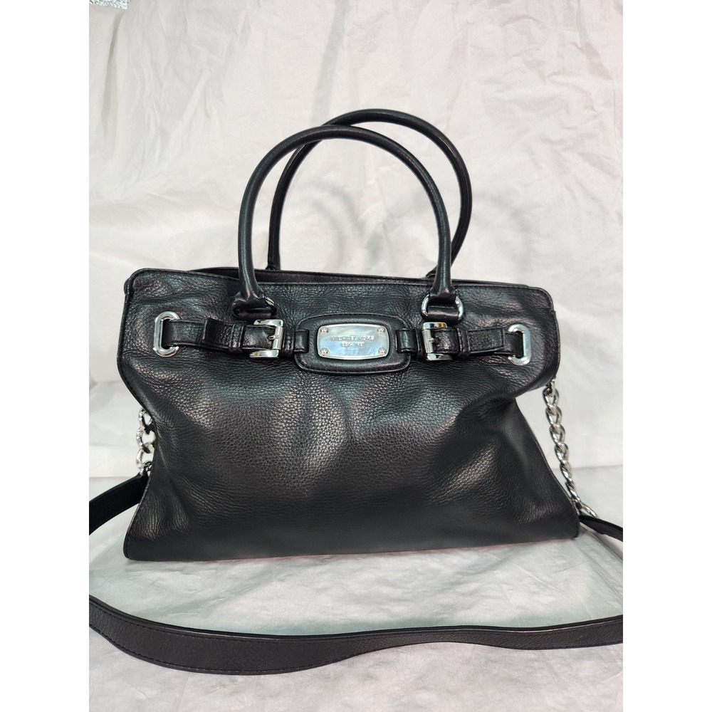 Michael Kors Hamilton Satchel Bag Tote Shoulder Hand Bag Purse Black Silver